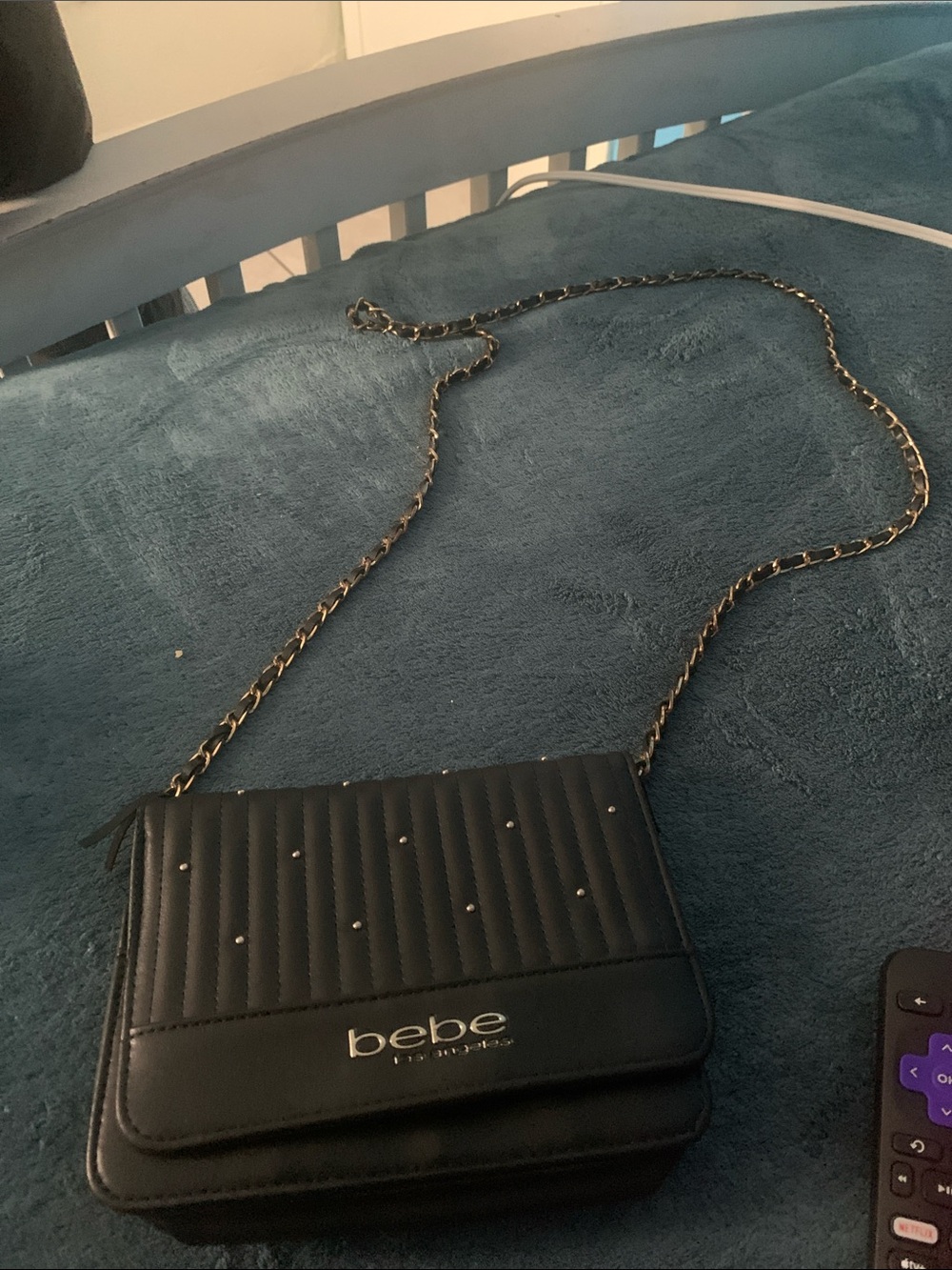 bebe Black Quilted Crossbody with Gold Chain